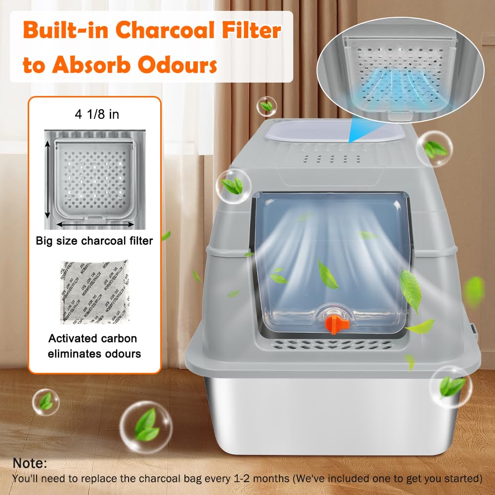 Szee Stainless Steel Litter Box, Xl Top Exit Enclosed Metal Cat Litter Box With Lid & Enclosure, Activated Charcoal Odor Control